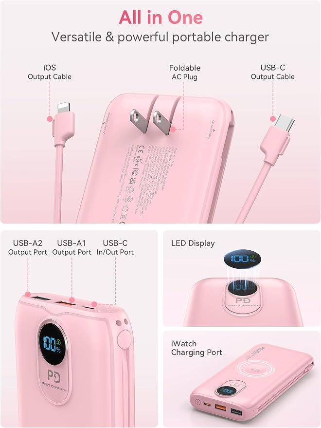 Portable Charger, 10000mAh 20W Fast Charging Power Bank with Built in Cables & AC Wall Plug & LED Display, Travel Essentials Battery Pack Powerbank for iPhone, iPad, iWatch, Samsung, Pink