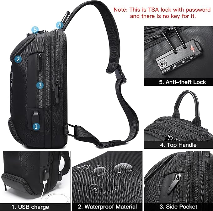 BANGE Sling Backpack with Lock, Anti Theft Crossbody Shoulder Bag for Men Women, Waterproof Small Daypack with USB Charging Port for Outdoor Sports