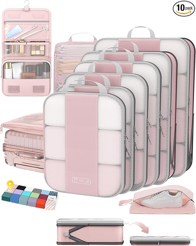 10 Set Compression Packing Cubes for Travel Essentials,Compressible Expandable Packing Cubes for Suitcase,OlarHike Luggage Garment Bags for Travel,Handy Helper for Organizing Clothes(Pink)