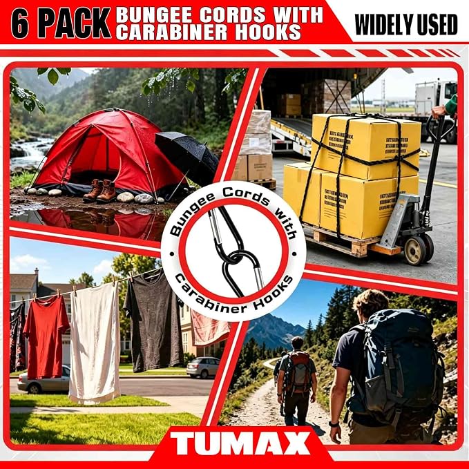 Bungee Cords with Carabiner Hooks, 6 Pack Heavy Duty Long Carabiner Rubber Bungee Cord Assorted Size 24" 40" 60", for Camping, Tarps, Bike Rack, Car, Included A Drawstring Bag