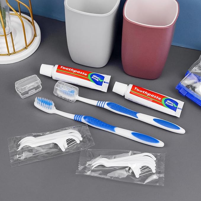 Disposable Toothbrushes with Toothpaste Individually Wrapped,Travel Kit with Plastic Zip Bag,Toothbrush Head Cover, Floss Pick,25gram Toothpaste,Bulk Toothbrush for Homeless,Travel,Hotel(5)