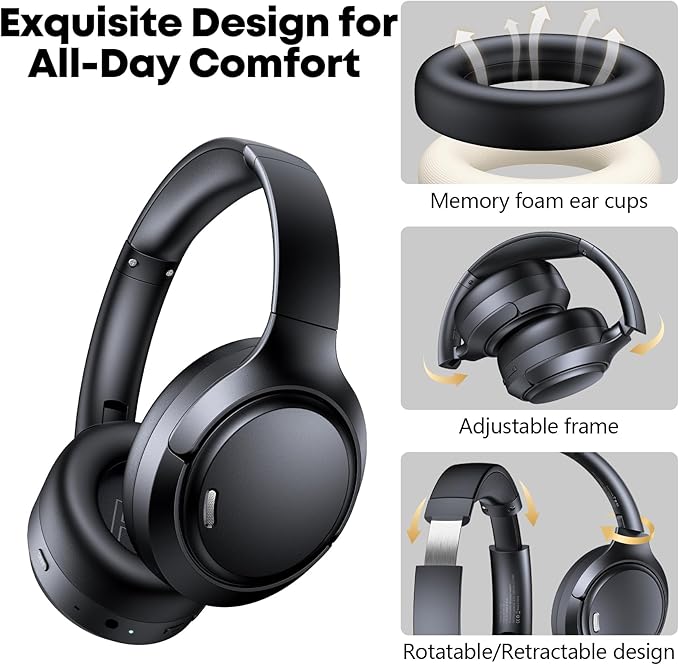 Hybrid Active Noise Cancelling Bluetooth 6.0 Headphones 120H Long Playtime, 6 ENC Mic, Over Ear Headphones Wireless, Hi-Res Audio, Memory Foam Earcup, Transparency Mode ANC Headphone for Travel Office