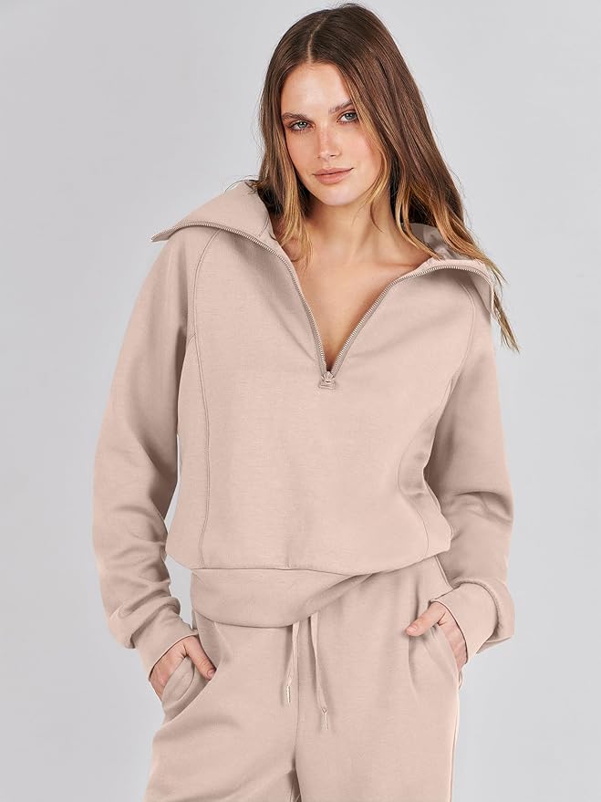 ANRABESS Women’s 2 Piece Outfits Half Zip Sweatshirt & Wide Leg Pants Airport Travel Lounge Matching Sets Sweatsuits Clothing