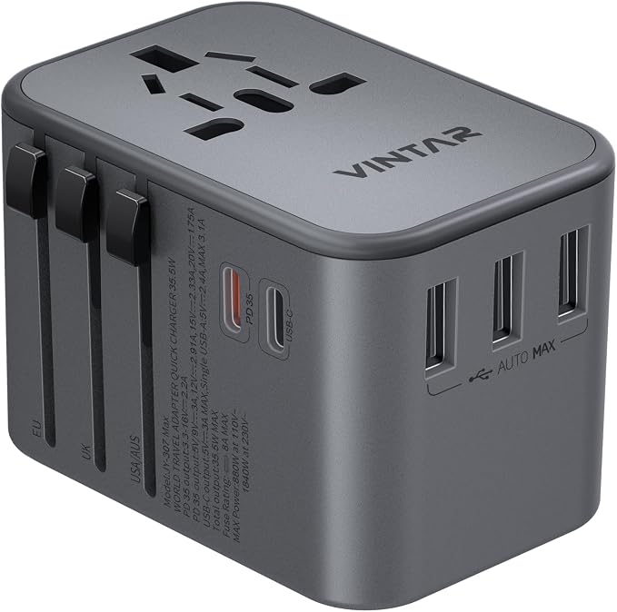 Universal Travel Adapter, VINTAR 35.5W International Power Adapter with 3 USB A QC and 2 USB C PD, All in One Plug Adapter Worldwide Travel Essentials for EU/UK/USA/AUS(Type C/G/A/I), Silver