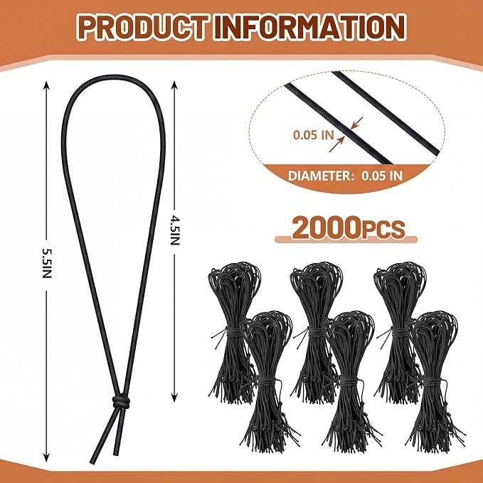 2000 Pcs 9 Inch Long Elastic Loop for Attaching Tags, Easy and Fast to Attach, Bundle of Elastic String for Hang Tag, Clothes Tabs, Price Tabs, Luggage Label (Black)