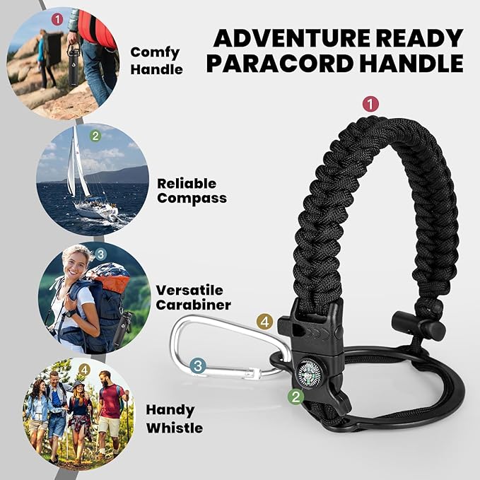 RAYMYLO Insulated Water Bottle 24 oz, Triple Wall Vacuum Stainless Steel (Cold for 24Hrs, Hot for 12Hrs), Leak Proof & Non-BPA, Modern Water Flask Jug with Paracord Handle & Straw Spout Lids