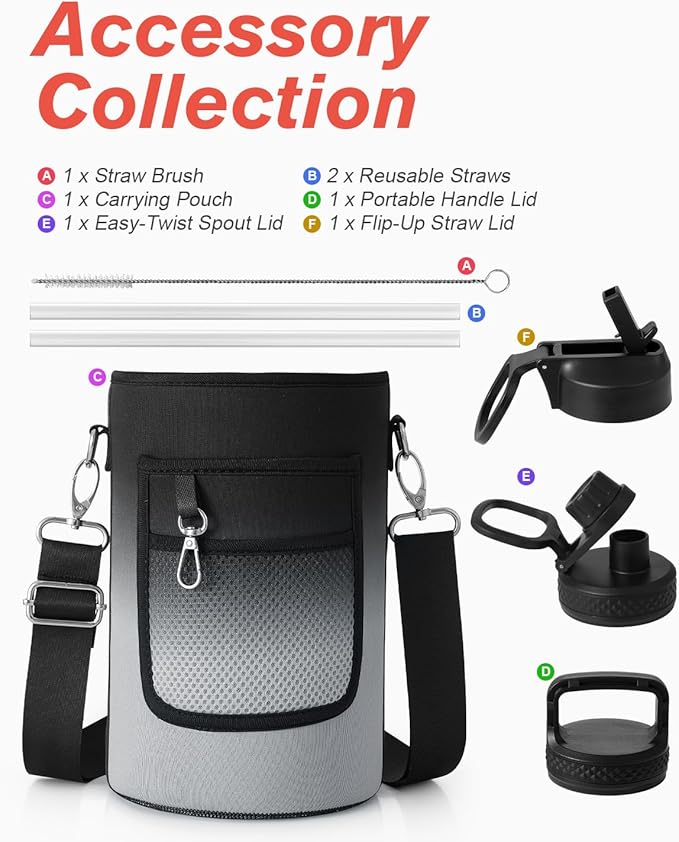 Coolflask 128 oz Gallon Water Bottle Insulated with Straw&3 Lids, Water Jug Large Stainless Steel Metal Vacuum Wide Mouth for Sports, Gym or Office, Non-BPA Keep Cold 48H Hot 24H, Piano Night
