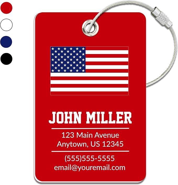 Personalized Luggage Tag with American Flag | Custom Luggage Tags for Suitcases | Kids Backpack Tag | 4 Color Options & Choose Font, Font Color