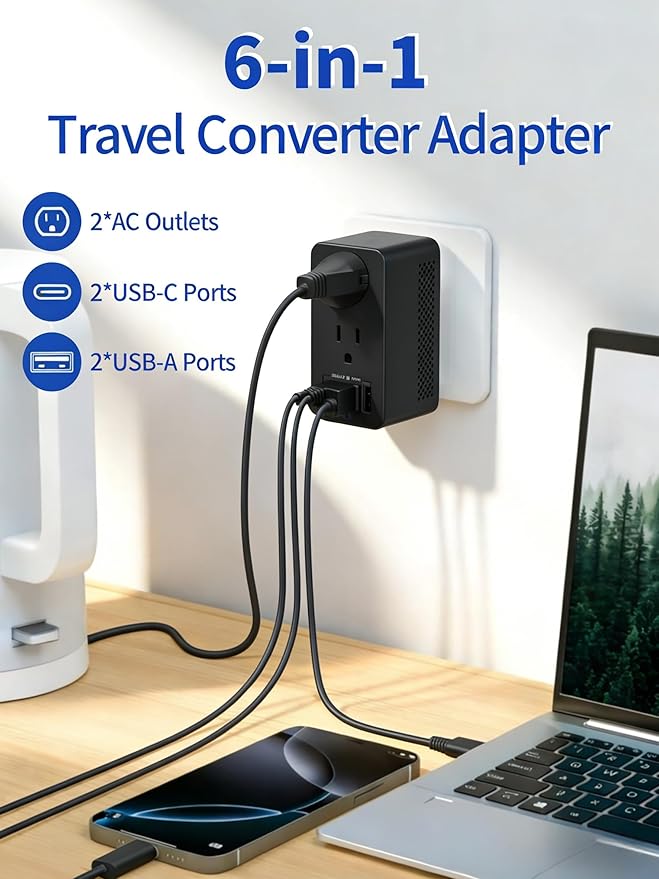 Travel Adapter Voltage Converter US to Europe Power Adapter Step Down Transformer 220V to 110V with 2 USB A 2 USB C & UK/AU/US/EU/﻿South Africa for Hair Dryer (Black)