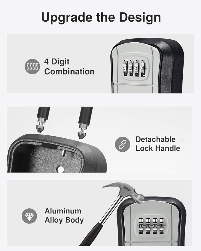 Puroma Key Lock Box, Portable Combination Lockbox Wall-Mounted Key Storage Box for House Keys, Resettable Code Safe Security Lock Box for Home, Office, Apartment Spare Key Storage (4 Pack, Gray)