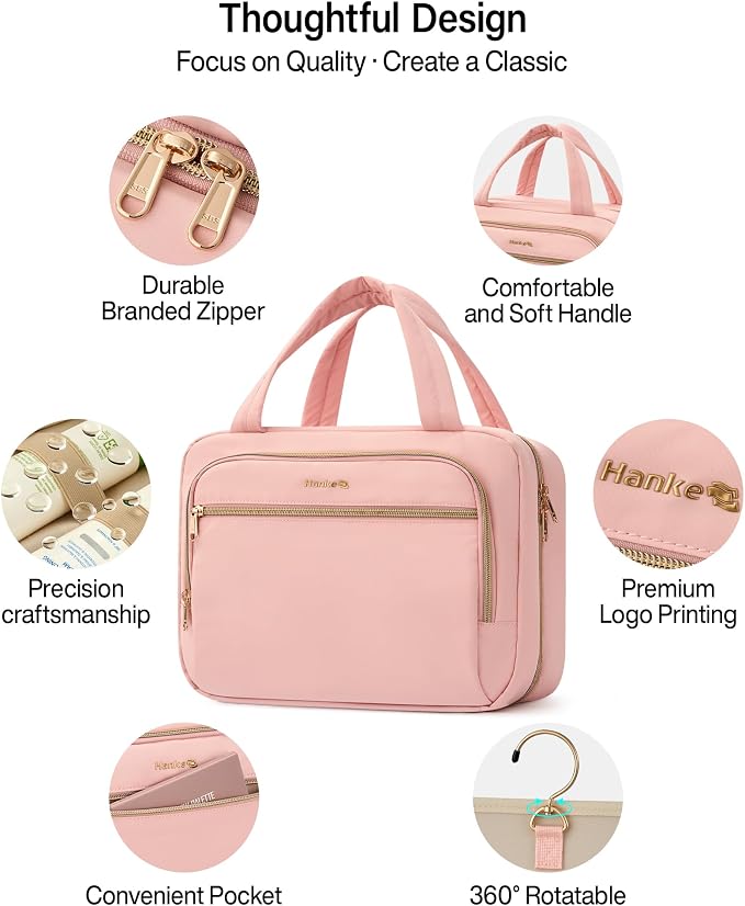 Hanke Hanging Travel Toiletry Bag for Women, Water-Resistant Makeup Organizer with Hook, Cosmetic Bag for Bathroom & Travel Essentials Accessories, Pink