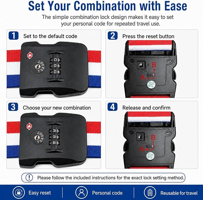 Personalized Luggage Strap with TSA Compatible Combination Lock,4 Pcs Custom Embroidered Name Suitcase Belt, 200CM Adjustable Travel Identifier for 18-32 Inch Bags(4)