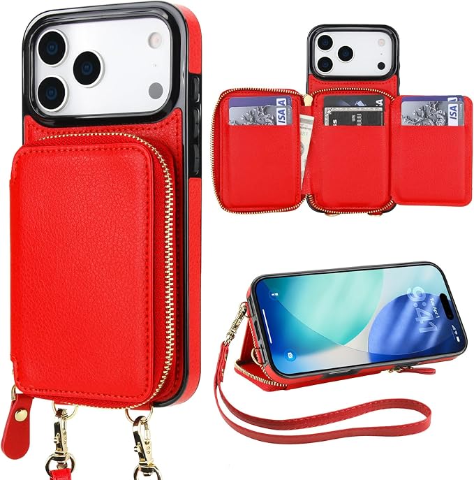 Bocasal RFID Blocking Wallet Case for iPhone 17 Pro Max, Adjustable Crossbody Zipper Purse Case Card Holder with Kickstand Detachable Wrist Strap, PU Leather Flip Folio Case 6.9 Inch 5G (Red)