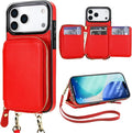 Bocasal RFID Blocking Wallet Case for iPhone 17 Pro Max, Adjustable Crossbody Zipper Purse Case Card Holder with Kickstand Detachable Wrist Strap, PU Leather Flip Folio Case 6.9 Inch 5G (Red)