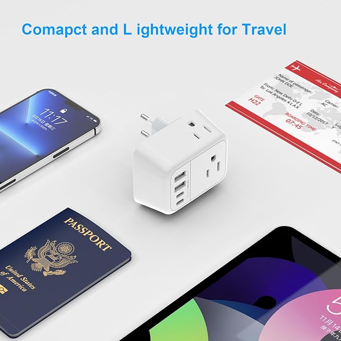VYLEE Travel Adapter with 4 AC Outlets and 4 USB Ports - European Foldable International Power Adapter, Type C Plug Adapter Travel Essentials to Most Europe EU Spain Italy France Germany [1 Pack]