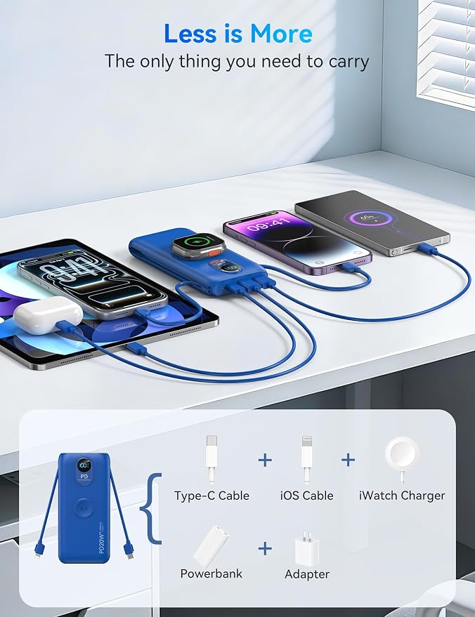 Portable Charger, 10000mAh 20W Fast Charging Power Bank with Built in Cables & AC Wall Plug & LED Display, Travel Essentials Battery Pack Powerbank for iPhone, iPad, iWatch, Samsung, Blue