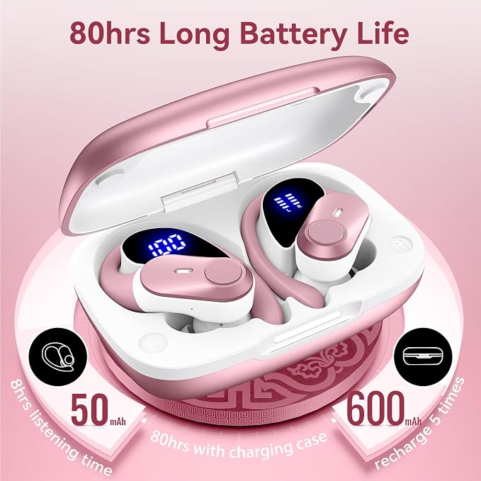 Active Noise Cancelling Ear Buds Wireless Earbuds 80H Playtime Bluetooth Headphones with LED Display Case, Hi-Res Audio Clear Calls Earphones with Over Ear Hooks for Running Gym Workout Rose Gold