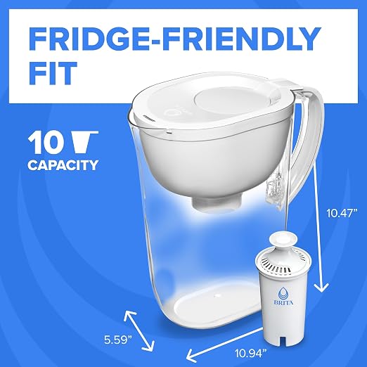 Brita Large 10-Cup Water Filter Pitcher, WQA NSF/ANSI Certified, Removes Chlorine Taste & Odor, Reduces Zinc, Copper & Mercury, 1 Standard Filter, Lasts 2 Months, Bright White