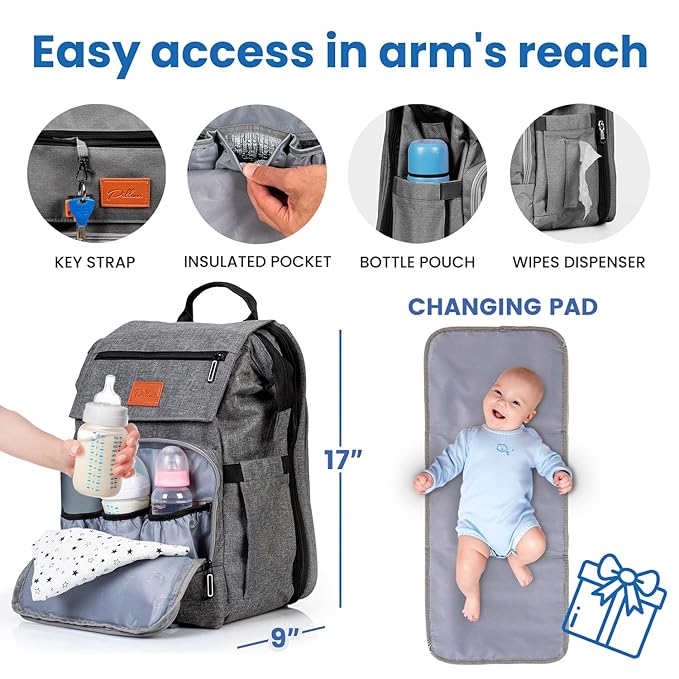 PILLANI Baby Diaper Bag Backpack - Baby Bag for Girls & Boys, Large Waterproof Toddler Diaper Backpack - Baby Shower Gifts & Registry Must Haves - Travel Diaper Bags with Changing Pad - Newborn Stuff