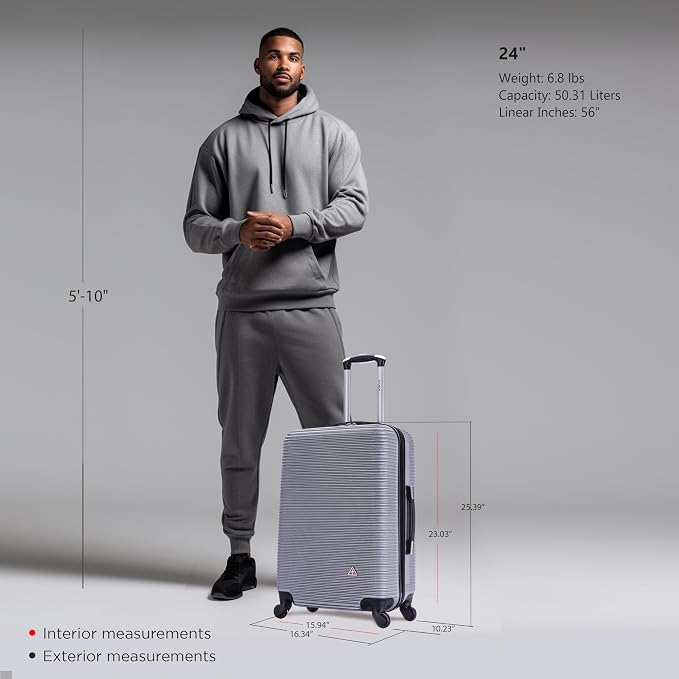 InUSA ROYAL Hardside Spinner Luggage with Ergonomic Handles | Spacious Travel Suitcase with Four Spinner Wheels and Studs | 24 Inch Medium Spinner Luggage | Silver