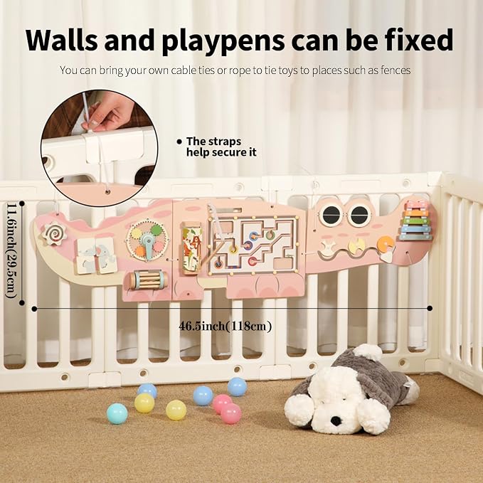 Interactive Pink Crocodile Wall Game - Wooden Educational Toy with 10+ Games for Kids (3+), STEM Learning, Hand-Eye Coordination & Sensory Development