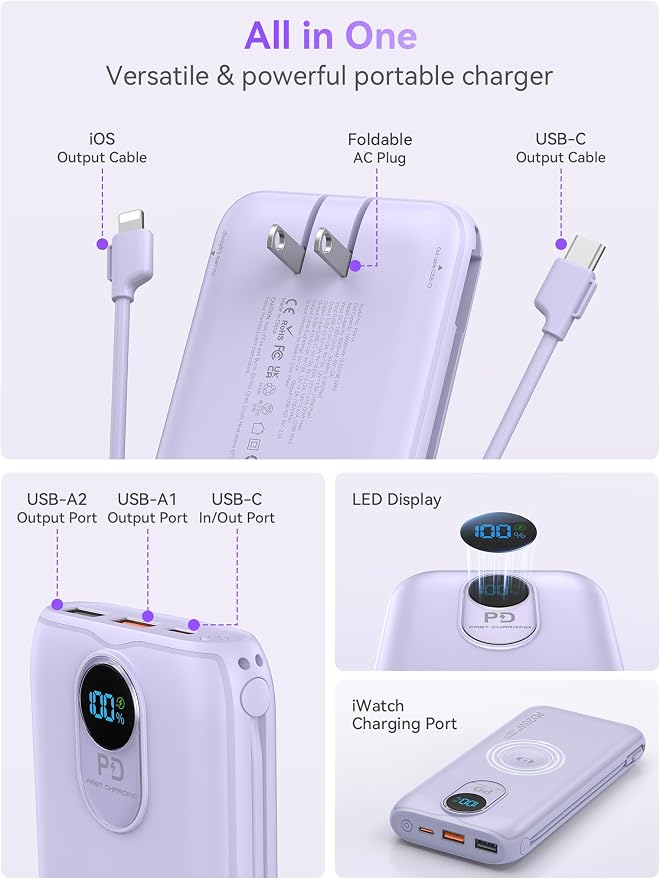 Portable Charger, 10000mAh 20W Fast Charging Power Bank with Built in Cables & AC Wall Plug & LED Display, Travel Essentials Battery Pack Powerbank for iPhone, iPad, iWatch, Samsung, Purple