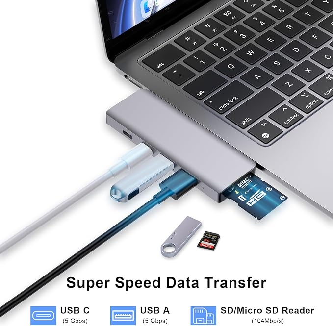 USB C Hub, 6 in 2 USB Adapter for MacBook Pro Air Thunderbolt 4 Dock with 100W PD, 40Gbps, USB-C 3.0, 2 USB-A 3.0, SD/TF Card Reader, Compatible with MacBook Pro Air M1/M2/M3/M4