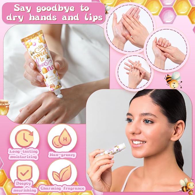 24 Sets/96 Pcs Pink Honey Hand Cream and Lip Balm Gift Baby Shower Favors for Guest Thank You for Bee Travel Size Hand Lotion and Lip Balm Bulk Baby Shower Birthday Party Supplies
