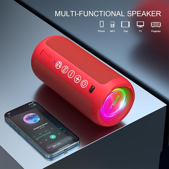 Ortizan Portable Bluetooth Speaker: IPX7 Waterproof, 24W Loud Sound, Deep Bass, Bluetooth 5.3, LED Lights, Wireless Stereo Pairing, 30H Playtime, for Home/Outdoor/Party/Beach, Birthday Gift (Red)