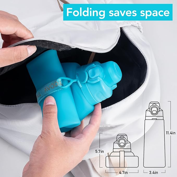 TakeToday Collapsible Water Bottles 32oz Blue and 20oz Blue, Foldable Travel Water Bottle with Strap, BPA Free, Silicone Water Bottle Leakproof for Hiking, International Travel, Outdoors