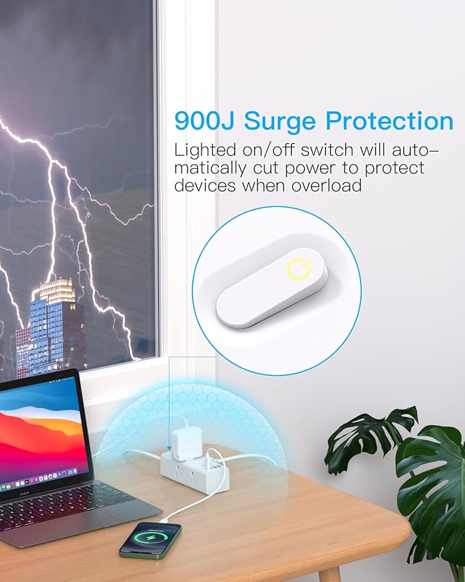 20Ft Extension Cord with Multiple Outlets, Flat Plug Power Strip Surge Protector with 20 Ft Long Cord, 6 Outlet 4 USB Ports (2 USB C), Multi Outlet Wall Plug for College, Dorm Room Essentials(White)