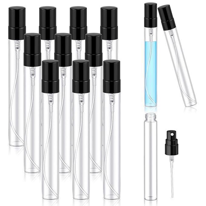 Zhehao 1 Pcs Mini Spray Bottles 10 ml Clear Glass Perfume Bottles Refillable Fine Mist Perfume Atomizer Portable Empty Sample Containers for Cleaning, Essential Oils, Travel (Black Cap)