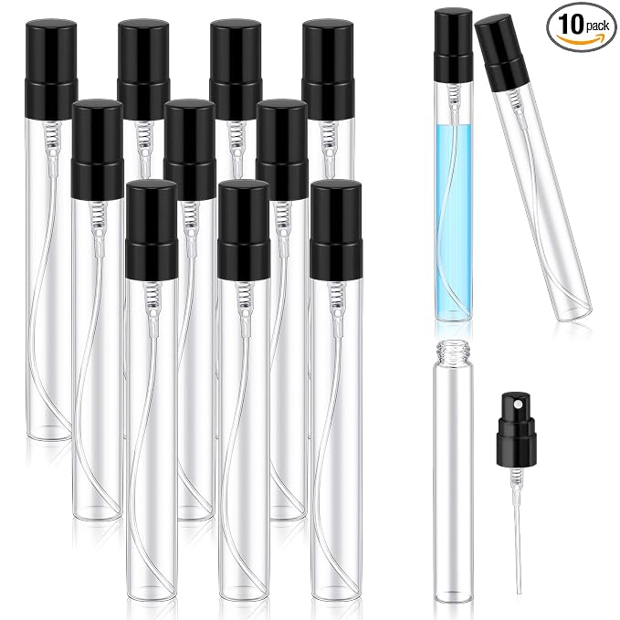 Zhehao 10 Pcs Mini Spray Bottles 10 ml Clear Glass Perfume Bottles Refillable Fine Mist Perfume Atomizer Portable Empty Sample Containers for Cleaning, Essential Oils, Travel (Black Cap)