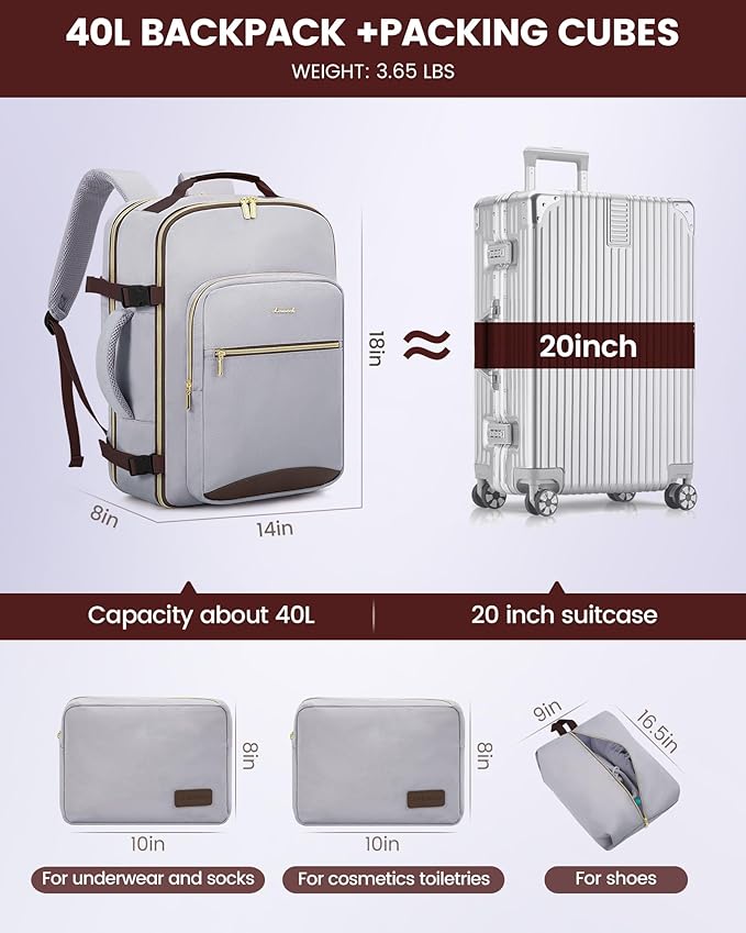 LOVEVOOK 40L Travel Backpack Flight Approved Carry on Backpack,3 Packing Cubes,Waterproof Personal Item Travel Bag,TSA Carry on Luggage Suitcase Travel Essentials,Gifts for Women & Men,fits 17" Laptop