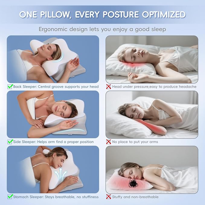Cervical Neck Pillow, Memory Foam Pillows for Neck and Shoulder Pain Relief, 2 Heights Ergonomic Pillow with Breathable Ice Silk Cover, Neck Support Pillow for Side Sleepers White