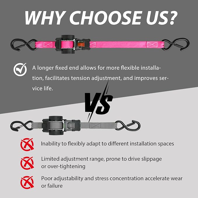 Retractable Ratchet Straps 1" x 13Ft, Heavy Duty Self Retracting Tie Down Straps, 1800lb Break Strength Auto Retract Cargo Straps for Truck, Trailer, Motorcycle, ATV, UTV, (Pink, 2 Pack)