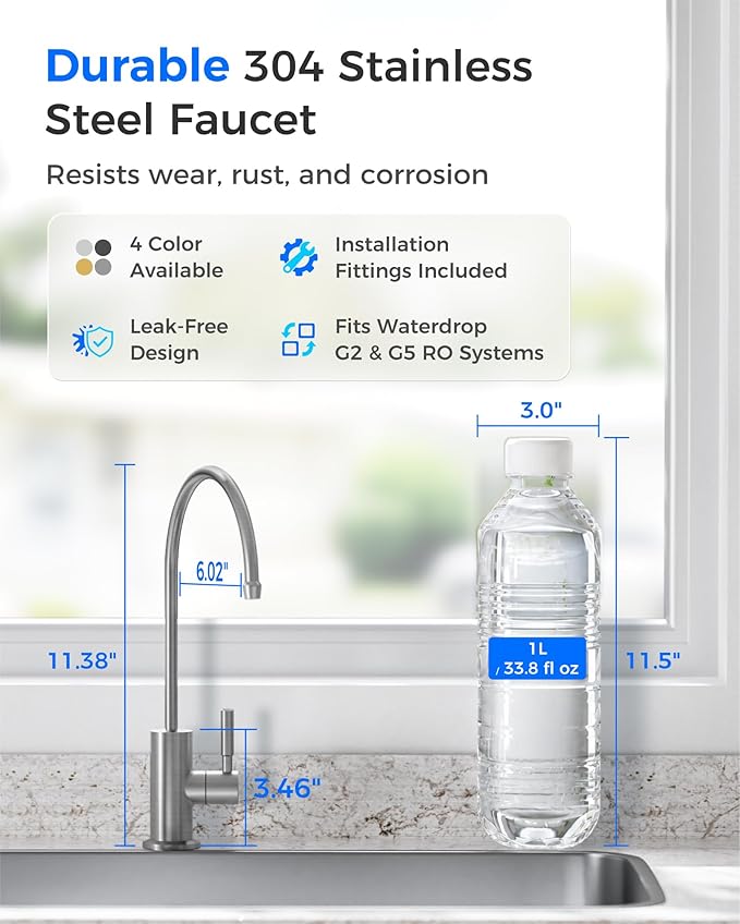 Waterdrop G2FCT-BN Drinking Water Faucet, Reverse Osmosis Faucet, Water Filter Faucet for Kitchen Bar Sink, Single Handle, Easy to Install, Lead-Free, Stainless Steel, Brushed