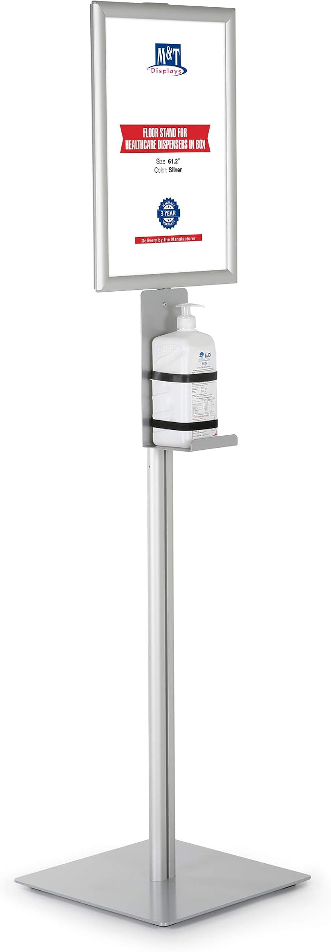 M&T Displays Floor Stand Universal Holder for Liquid/Lotion Soap or Hand Sanitizing Products, Face Mask, Disposable Glove, Facial Tissue with 11x17 Inch Opti Snap Frame Message Sign Post
