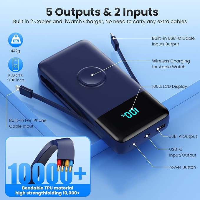 Portable Charger Power Bank 40800mAh with Built-in Cables,25W Fast Phone Charging Portable Battery Pack,5 Outputs Travel Essentials Outdoor External Battery for iPhone 17/16,Galaxy Android etc-Blue