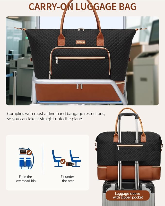 Large Weekender Bags for Women Travel, Under Seat Carry On Bags for Airplanes Overnight Bag with Shoe Compartment Luggage Sleeve, Foldie Travel Tote Bag Hospital Bag, Travel Gifts, Black Brown