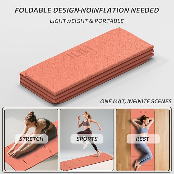 ILILI Foldable Yoga Mat 71 * 24 * 0.3'' - TPE Non-Slip Fitness Mat for Home，Waterproof & Lightweight (2lb) for Home Gym, Pilates & Stretching,Fitness Workouts