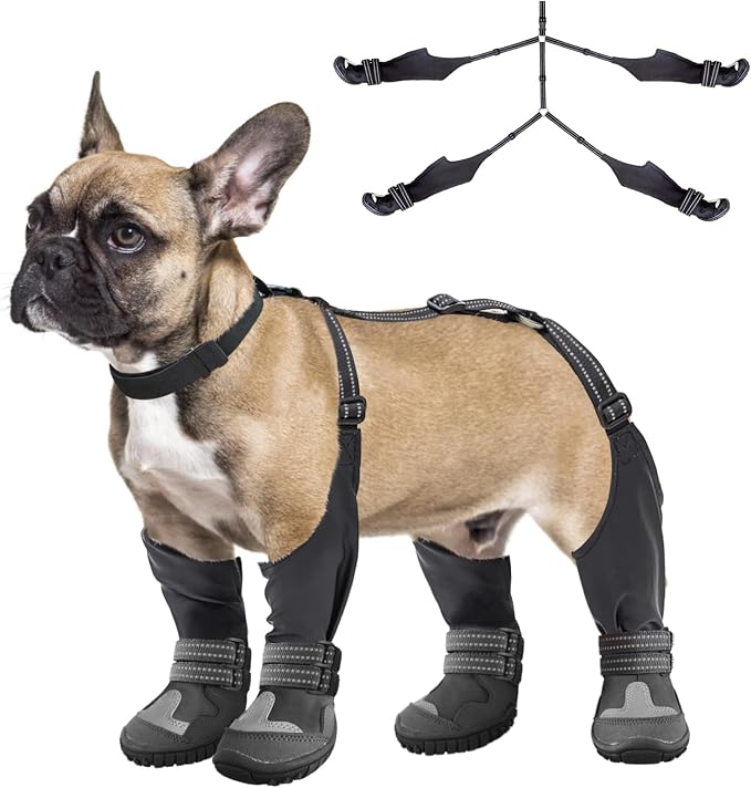 Idepet Dog Suspender Boots, Tall Dog Boots Anti-Slip & Fall Waterproof Shoes Leggings, Adjustable Suspender Boots for Dogs Winter Snow Rain Hiking Paws Protector(Black, 2)