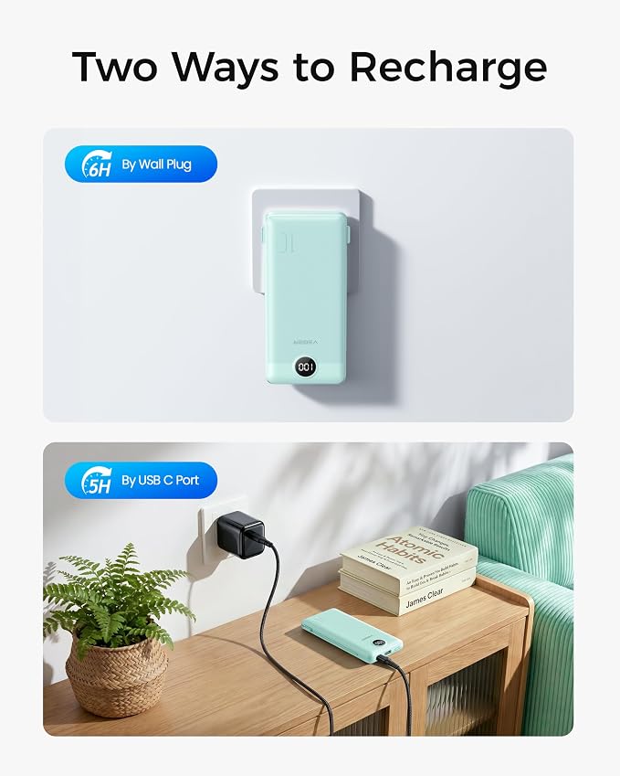 VEGER Portable Charger with Built-in AC Plug and Cables, All in One 10000mAh Ultra Slim Power Bank Emergency Fast Charging for Travel Battery Pack Compatible with iPhone, Samsung, Android, Green