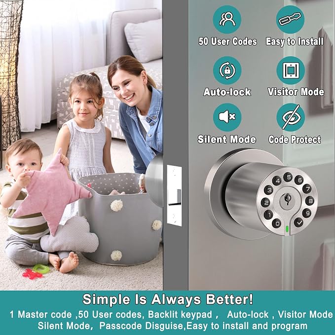 BOTHSTAR Keypad Door Knob with Key,Keyless Entry Door Lock, Code Locks Door Knob, Auto Lock,50 User Code, for Home,Office,Hotel,Bedroom,Garage,Not Deadbolt