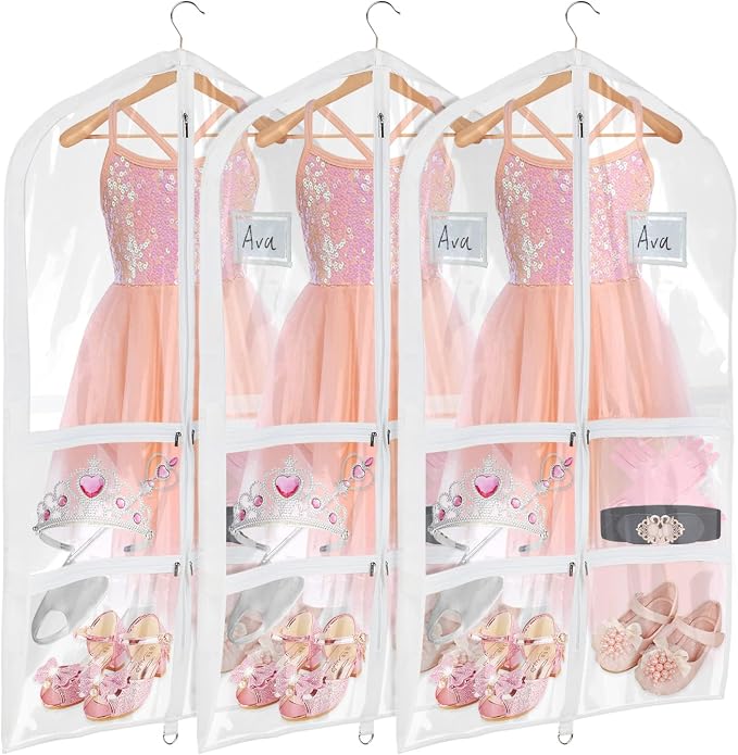 Univivi Clear PVC Dance Costume Bags (3 Pack) Garment Bag 40 Inch for Dance Competitions, with 4 Medium Clear Zipper Pockets and 1 Large Back Zippered Pocket [Upgraded Version]