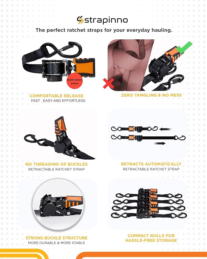 Strapinno 4pcs Retractable Ratchet Straps Bundle 1 in x 6 ft, Secure Tie-Downs with Rubber-Coated Steel Handles, S-Hooks & Durable Hardware for Daily Use with Breaking Strength - 1,500LBS/680KG Each