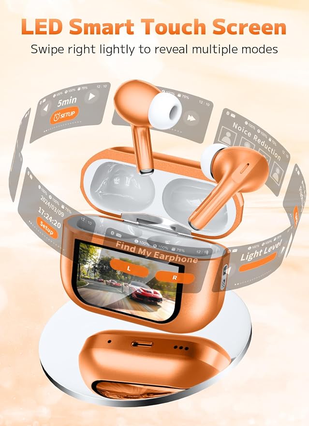 Bucephalus Wireless Earbuds, Bluetooth 5.4 Ear Buds, ENC Noise Cancelling Headphones with 48H Playtime, Bass Stereo Sound, Compatible with iPhone, Android, Pad - Bright Orange