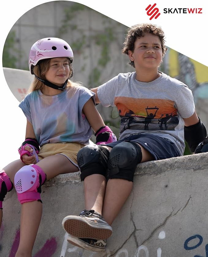 SKATEWIZ Skateboard Pads Protective Gear Set for Kids and Adults - Smash - Roller Skate Pads [6pc] with Wrist Guards - Skating Protective Gear - Roller Derby