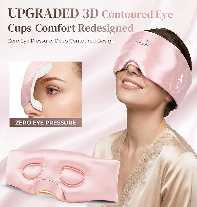LC-dolida 3D Silk Bluetooth Sleep Mask, Mulberry Silk Sleep Mask with Bluetooth Headphones, Bluetooth Eye Sleep Mask for Side Sleepers, Total Blackout Bluetooth Eye Mask for Women Men, Pink