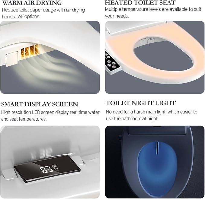 XCQQ Electric Heated Bidet Toilet Seat with Warm Water Wash, Warm Air Dryer, Soft Closed Lid, Night Light, LED Display, Toilet Seat with Bidet Requires Outlet - Round